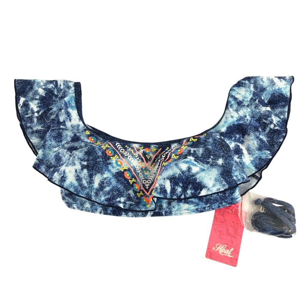 Heat Bikini Top Off Shoulder Cups Ruffle Boho Tie Dye Blue Size S